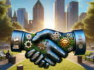 Ilustração conceitual de duas mãos robóticas se cumprimentando, simbolizando habilidades comportamentais como profissionalismo, aprendizado contínuo, positividade e colaboração, com fundo urbano e empresarial ao pôr do sol.