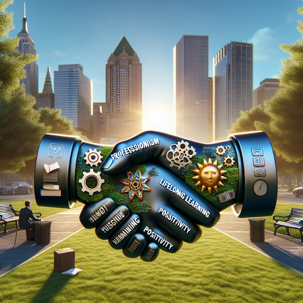 Ilustração conceitual de duas mãos robóticas se cumprimentando, simbolizando habilidades comportamentais como profissionalismo, aprendizado contínuo, positividade e colaboração, com fundo urbano e empresarial ao pôr do sol.