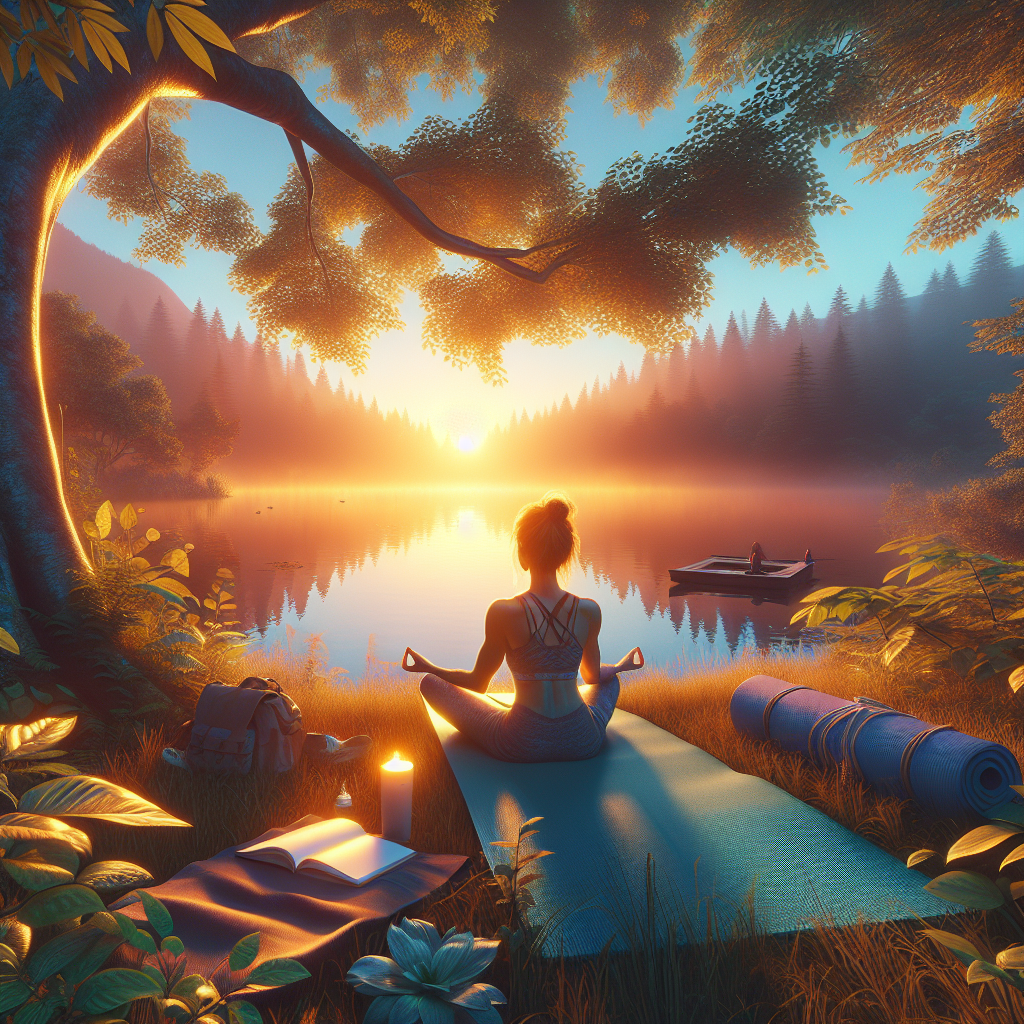 Mulher praticando meditação ao ar livre ao nascer do sol, à beira de um lago, simbolizando paz, equilíbrio emocional e conexão com a natureza.