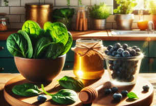 Imagem com ingredientes naturais como espinafre, mel e mirtilos em uma cozinha ensolarada, simbolizando superalimentos para uma alimentação saudável.