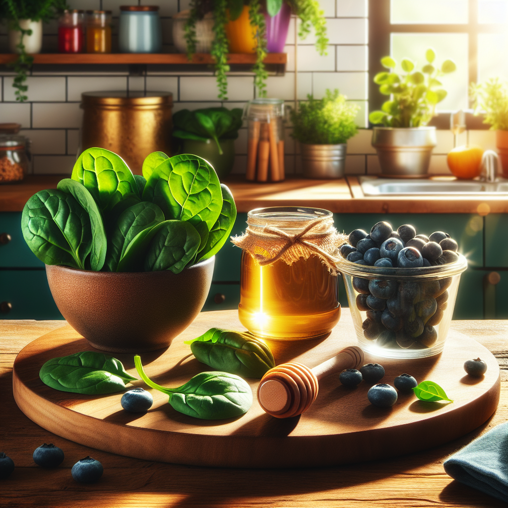Imagem com ingredientes naturais como espinafre, mel e mirtilos em uma cozinha ensolarada, simbolizando superalimentos para uma alimentação saudável.