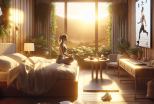 Mulher meditando sobre a cama ao amanhecer em quarto iluminado pelo sol, com vista para a natureza e elementos de uma rotina matinal saudável ao redor.
