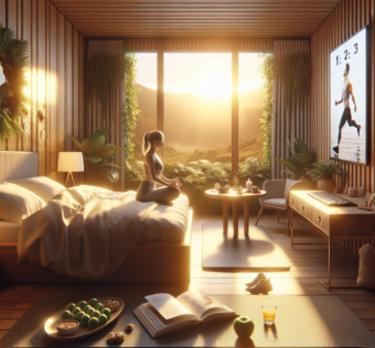 Mulher meditando sobre a cama ao amanhecer em quarto iluminado pelo sol, com vista para a natureza e elementos de uma rotina matinal saudável ao redor.