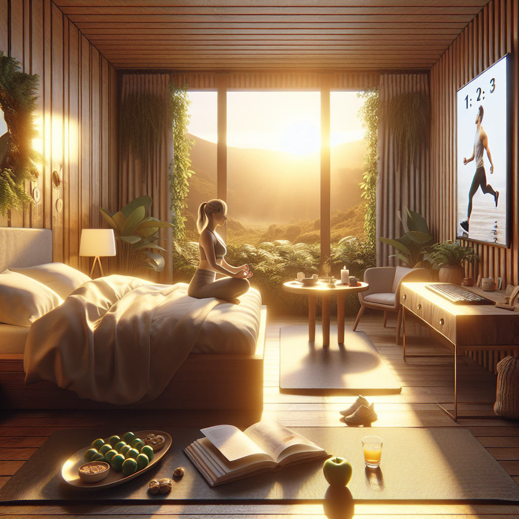 Mulher meditando sobre a cama ao amanhecer em quarto iluminado pelo sol, com vista para a natureza e elementos de uma rotina matinal saudável ao redor.