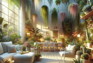Sala com decoração repleta de plantas pendentes e em vasos, criando um ambiente relaxante e natural que promove bem-estar e reduz o estresse.