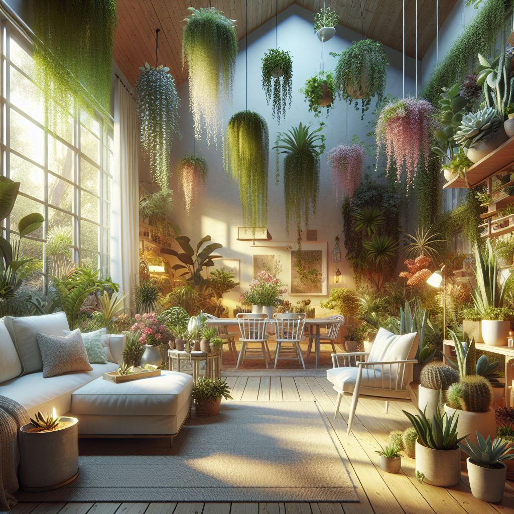 Sala com decoração repleta de plantas pendentes e em vasos, criando um ambiente relaxante e natural que promove bem-estar e reduz o estresse.