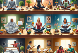 Ilustração de pessoas praticando rotinas de bem-estar, como meditação, alimentação saudável, leitura, sono de qualidade e interação social em casa