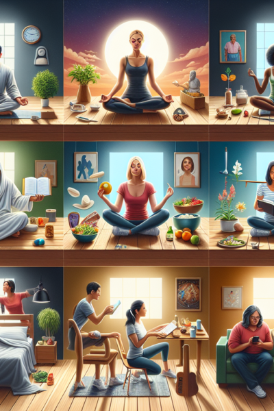 Ilustração de pessoas praticando rotinas de bem-estar, como meditação, alimentação saudável, leitura, sono de qualidade e interação social em casa