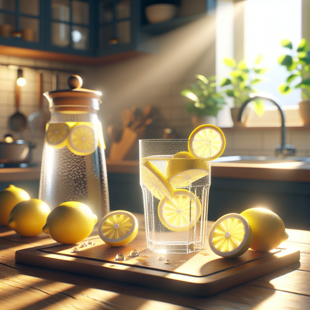 Copo de água com limão fresco em uma cozinha iluminada pelo sol, com limões cortados ao redor e jarra ao fundo — conceito de saúde e bem-estar matinal.