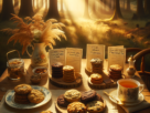 Cookies saudáveis sem farinha servidos em mesa rústica ao ar livre com luz do pôr do sol, acompanhados de chá e ingredientes naturais, ideais para o café da tarde.