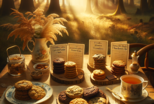 Cookies saudáveis sem farinha servidos em mesa rústica ao ar livre com luz do pôr do sol, acompanhados de chá e ingredientes naturais, ideais para o café da tarde.