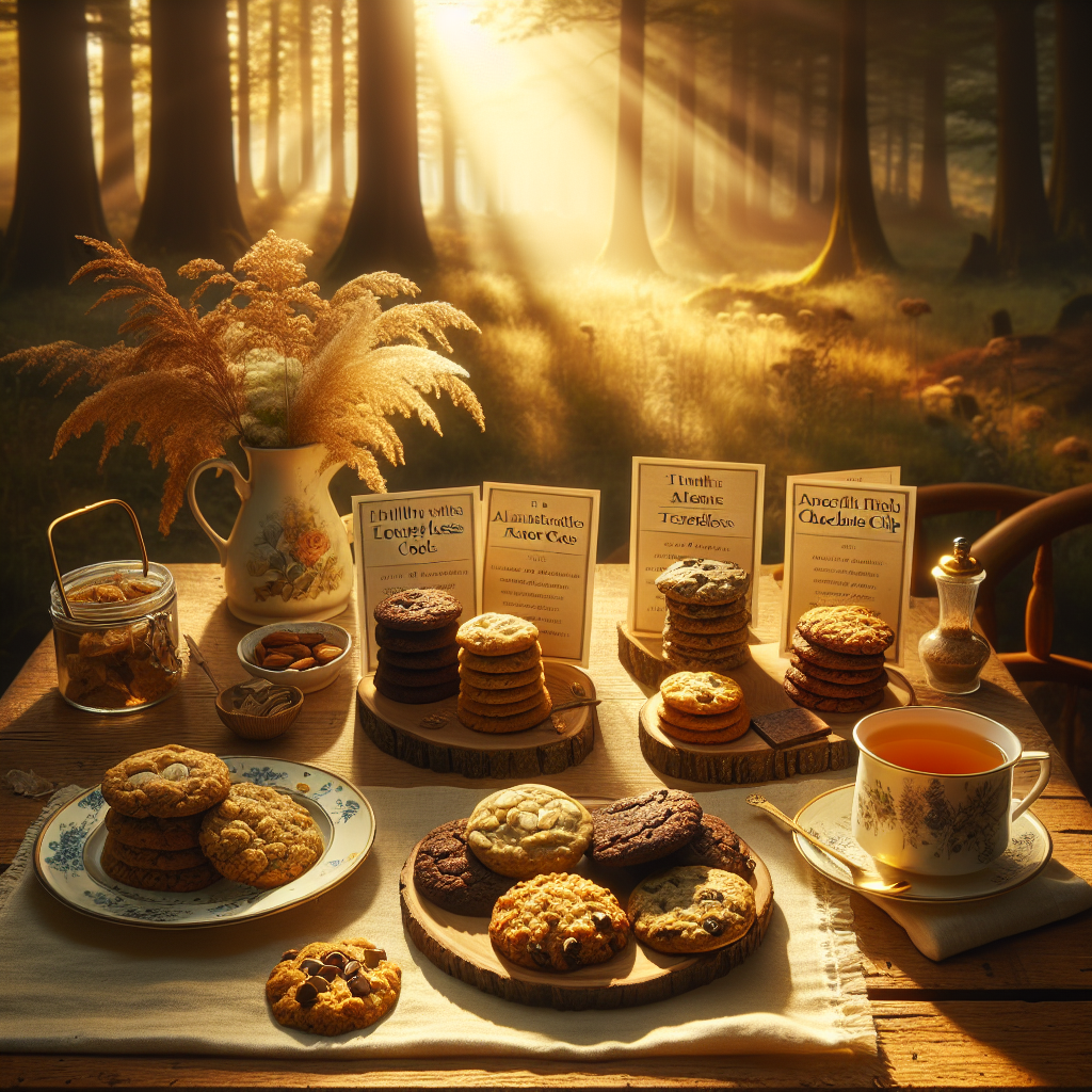 Cookies saudáveis sem farinha servidos em mesa rústica ao ar livre com luz do pôr do sol, acompanhados de chá e ingredientes naturais, ideais para o café da tarde.