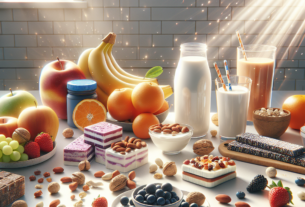 Lanches saudáveis que aumentam a energia, incluindo frutas como banana, maçã e morango, mix de castanhas, iogurte com granola, barras nutritivas e bebidas naturais em mesa iluminada por luz solar.