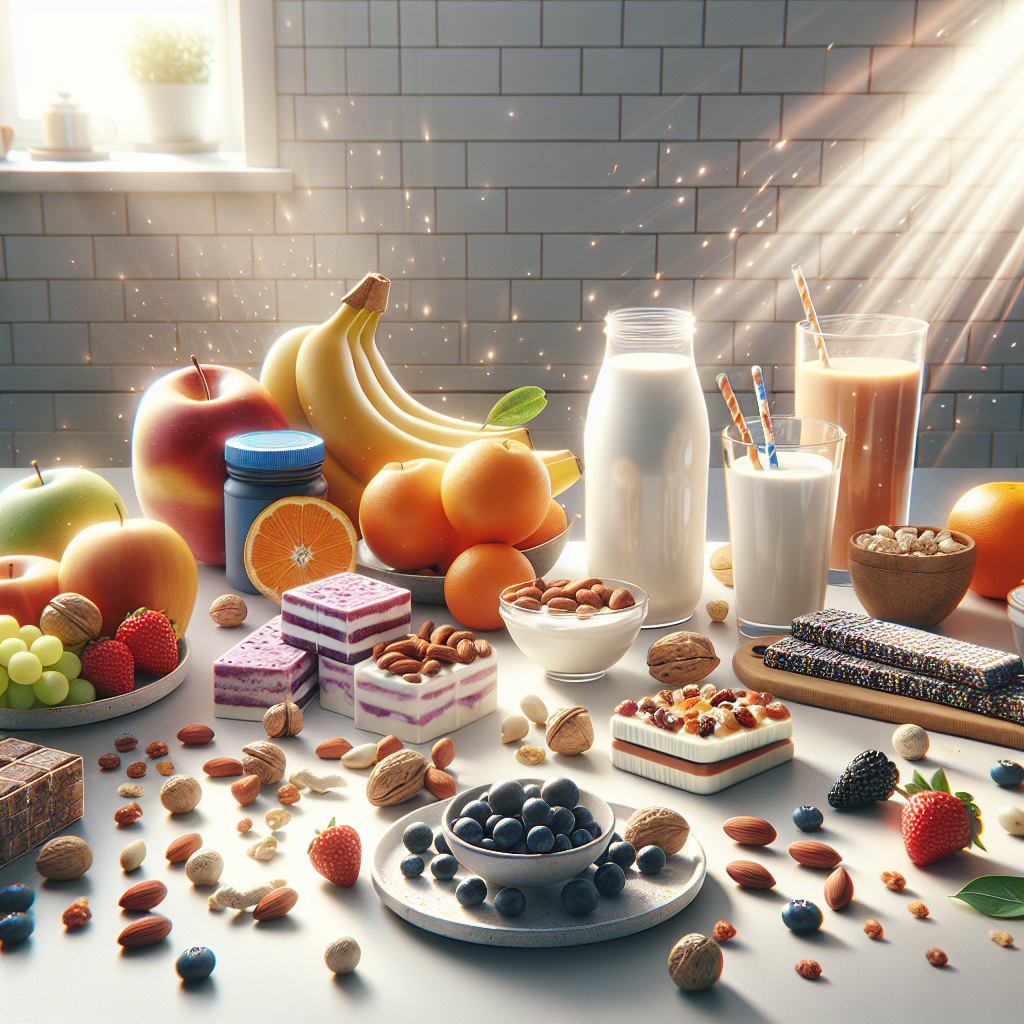 Lanches saudáveis que aumentam a energia, incluindo frutas como banana, maçã e morango, mix de castanhas, iogurte com granola, barras nutritivas e bebidas naturais em mesa iluminada por luz solar.