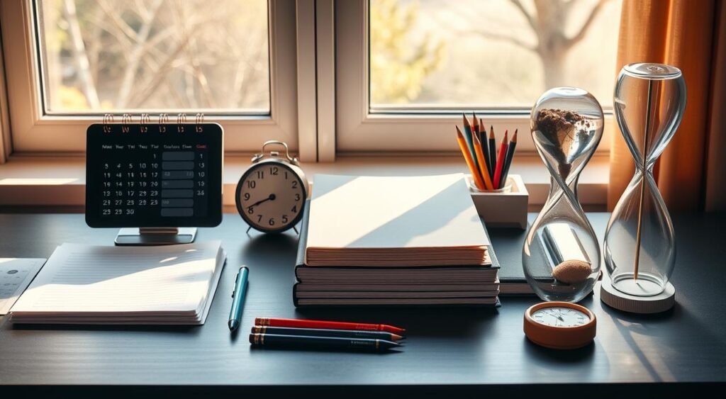A meticulously organized desk with an array of time management tools, including a sleek digital calendar, a minimalist analog clock, a stack of color-coded planners, a set of mechanical pencils, and a zen-inspired sand timer. The scene is bathed in warm, natural lighting that filters through a large window, casting soft shadows and highlighting the elegant, functional design of the items. The overall atmosphere conveys a sense of focus, efficiency, and serenity, perfectly suited for the task of optimizing one's time and productivity.