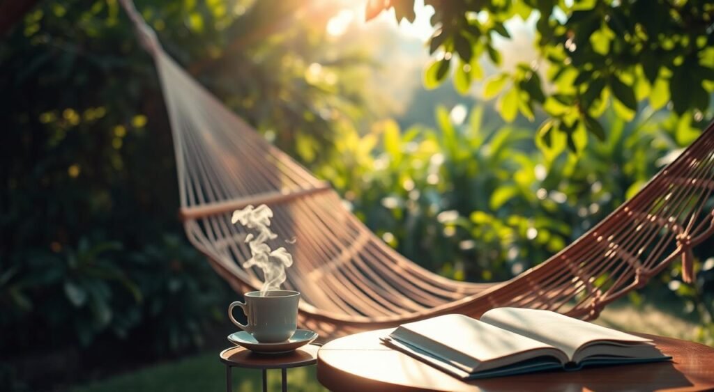 A tranquil, sun-dappled garden setting, with a comfortable hammock gently swaying in the breeze. The hammock is made of natural fibers, its gentle curves inviting rest and relaxation. In the foreground, a small wooden table holds a cup of steaming tea and a book, signifying the importance of taking a break and recharging. The background features lush, verdant foliage, creating a serene and rejuvenating atmosphere. Soft, warm lighting filters through the leaves, casting a golden glow over the scene. The overall mood is one of peaceful contemplation and the restorative power of a well-deserved respite.