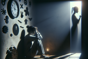Mulher angustiada com as mãos na cabeça, refletida na janela, simbolizando ansiedade e introspecção.