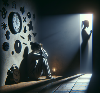 Mulher angustiada com as mãos na cabeça, refletida na janela, simbolizando ansiedade e introspecção.