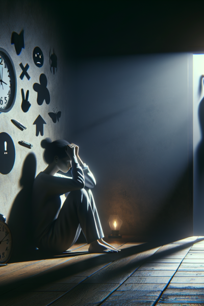 Mulher angustiada com as mãos na cabeça, refletida na janela, simbolizando ansiedade e introspecção.