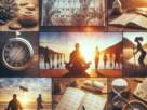 Colagem inspiradora com elementos de meditação ao nascer do sol, pessoas caminhando em silêncio, calendários abertos para planejamento, ampulhetas e relógio antigo, simbolizando foco, disciplina e o poder dos rituais matinais na transformação pessoal.