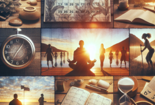 Colagem inspiradora com elementos de meditação ao nascer do sol, pessoas caminhando em silêncio, calendários abertos para planejamento, ampulhetas e relógio antigo, simbolizando foco, disciplina e o poder dos rituais matinais na transformação pessoal.