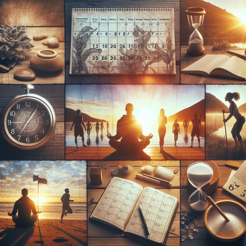 Colagem inspiradora com elementos de meditação ao nascer do sol, pessoas caminhando em silêncio, calendários abertos para planejamento, ampulhetas e relógio antigo, simbolizando foco, disciplina e o poder dos rituais matinais na transformação pessoal.