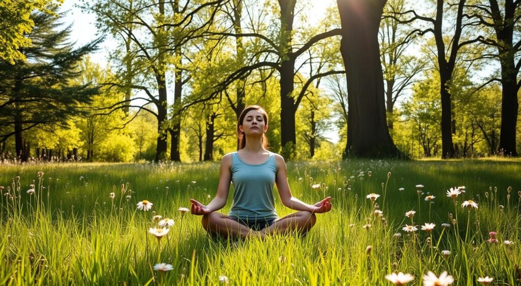 A peaceful meadow on a sunny day, with a person sitting cross-legged in the foreground, eyes closed in deep meditation. The lush green grass and blooming wildflowers surround the meditator, creating a serene and natural environment. Tall trees line the background, their dappled sunlight filtering through the leaves and casting a warm glow over the scene. A gentle breeze rustles the foliage, adding a soothing ambiance. The image captures the tranquility and rejuvenation found in meditating amidst the beauty of nature.