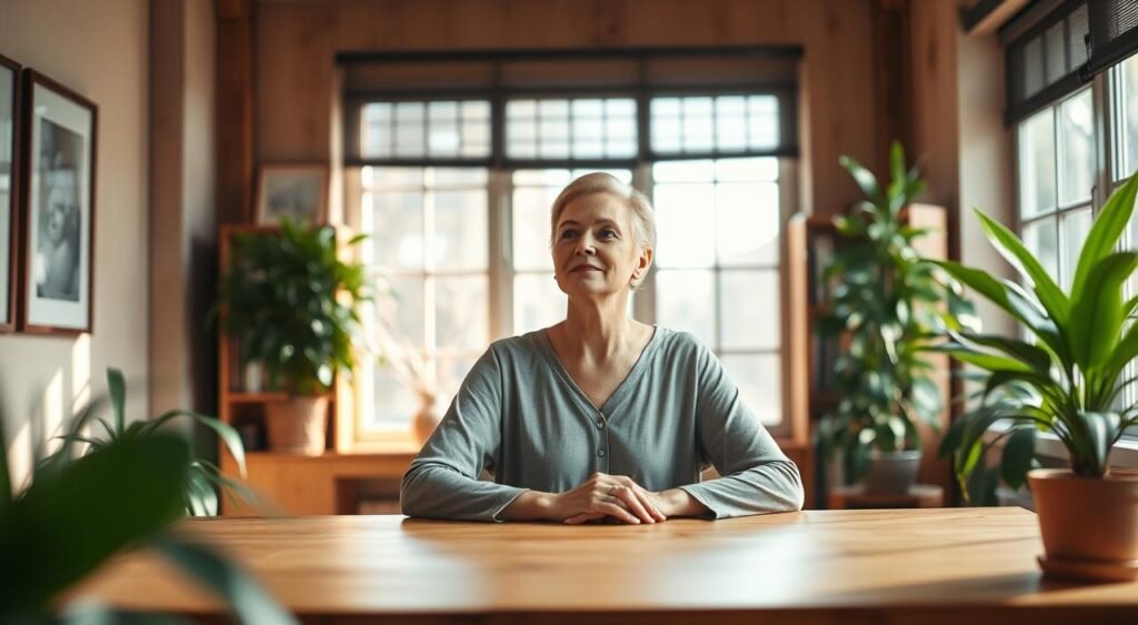 A serene, empathetic leader in a warm, inviting office setting. A graceful, compassionate figure sits at a minimalist wooden desk, deep in thoughtful contemplation. Soft natural light filters through large windows, casting a gentle glow. The leader's expression radiates genuine care and understanding. Lush indoor plants and a bookshelf in the background suggest an atmosphere of growth, wisdom, and emotional intelligence. The scene conveys a sense of tranquility, approachability, and a leader who prioritizes human connection.