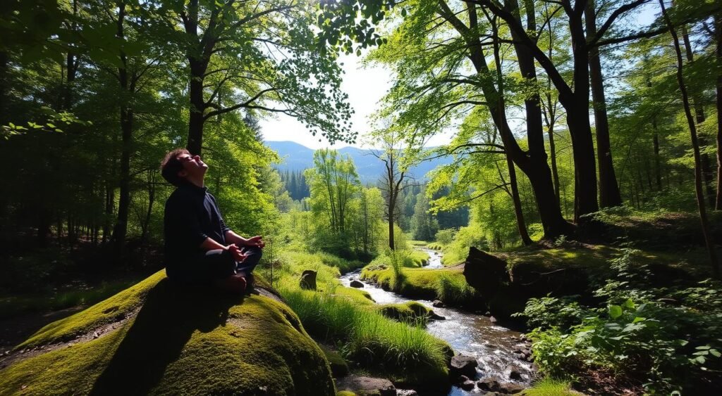 A serene forest glade, sunlight filtering through the canopy of lush, verdant foliage. In the foreground, a person sits cross-legged on a moss-covered rock, their eyes closed in deep contemplation. The air is crisp and clean, with the gentle rustling of leaves and the distant chirping of birds creating a soothing, meditative ambiance. The middle ground features a tranquil stream winding its way through the undergrowth, its waters reflecting the shifting patterns of light and shadow. In the background, rolling hills and towering trees create a sense of peaceful isolation, inviting the viewer to lose themselves in the moment and embrace the restorative power of nature.