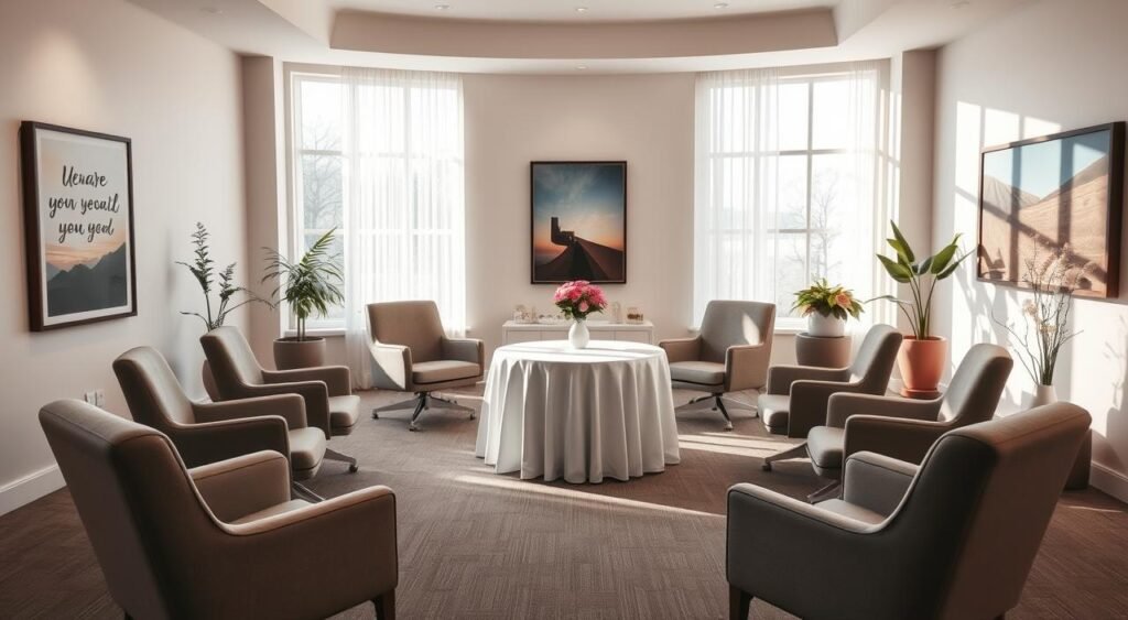 A warm, inviting conference room with soft, natural lighting filtering through large windows. The space features comfortable, ergonomic chairs arranged in a semicircle, encouraging open dialogue. Inspirational artwork adorns the walls, creating a sense of calm and creativity. A central table, covered in a crisp, white tablecloth, stands as a symbolic representation of unity and trust. Potted plants and fresh flowers add a touch of life, while muted earth tones and textures evoke a feeling of safety and security. The overall atmosphere exudes a sense of inclusivity, where all feel welcomed to express their thoughts and ideas freely.