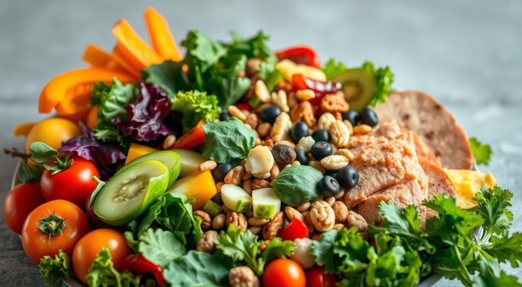 A bountiful arrangement of vibrant, nutrient-dense thermogenic foods, meticulously captured in a soft, diffused lighting. In the foreground, an assortment of leafy greens, crisp vegetables, and juicy fruits, strategically placed to create a visually appealing and appetizing composition. The middle ground features various protein-rich ingredients, such as lean meats, legumes, and nuts, all contributing to the overall theme of a metabolism-boosting salad. The background is a minimalist, slightly blurred backdrop, allowing the colors and textures of the ingredients to take center stage. The image exudes a sense of freshness, health, and the natural energy inherent in these thermogenic superfoods, perfectly complementing the article's focus on detox salads that can help boost the metabolism.