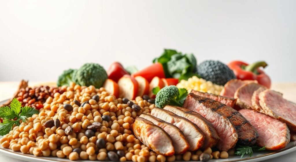 A bountiful still life arrangement showcasing an array of high-protein foods. In the foreground, a platter featuring succulent slices of grilled chicken, juicy salmon fillets, and tender cuts of lean beef. Surrounding the main proteins, a vibrant assortment of legumes such as chickpeas, lentils, and kidney beans, complemented by a scattering of nuts and seeds. In the middle ground, a variety of crisp, fiber-rich vegetables including broccoli, spinach, and bell peppers, all bathed in soft, warm lighting that highlights their natural colors and textures. The background fades into a serene, minimalist setting, allowing the nutrient-dense ingredients to take center stage and inspire healthy eating.