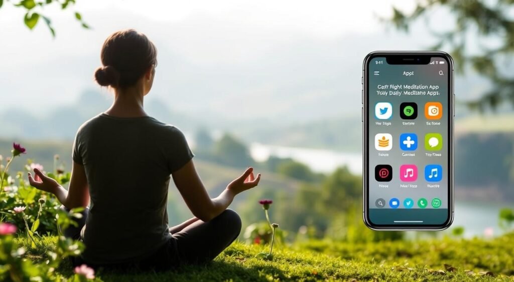 A calm, serene scene of a person sitting cross-legged, meditating amidst a tranquil garden. The foreground features the meditating figure, their eyes closed in deep contemplation, surrounded by lush greenery and blooming flowers. The middle ground showcases a variety of meditation apps displayed on a smartphone, representing the different options available. The background depicts a soothing, natural landscape with rolling hills, a calming river, and a soft, diffused lighting that creates a serene ambiance. The overall mood is one of peaceful focus and mindfulness, inviting the viewer to consider the right meditation app for their daily practice.