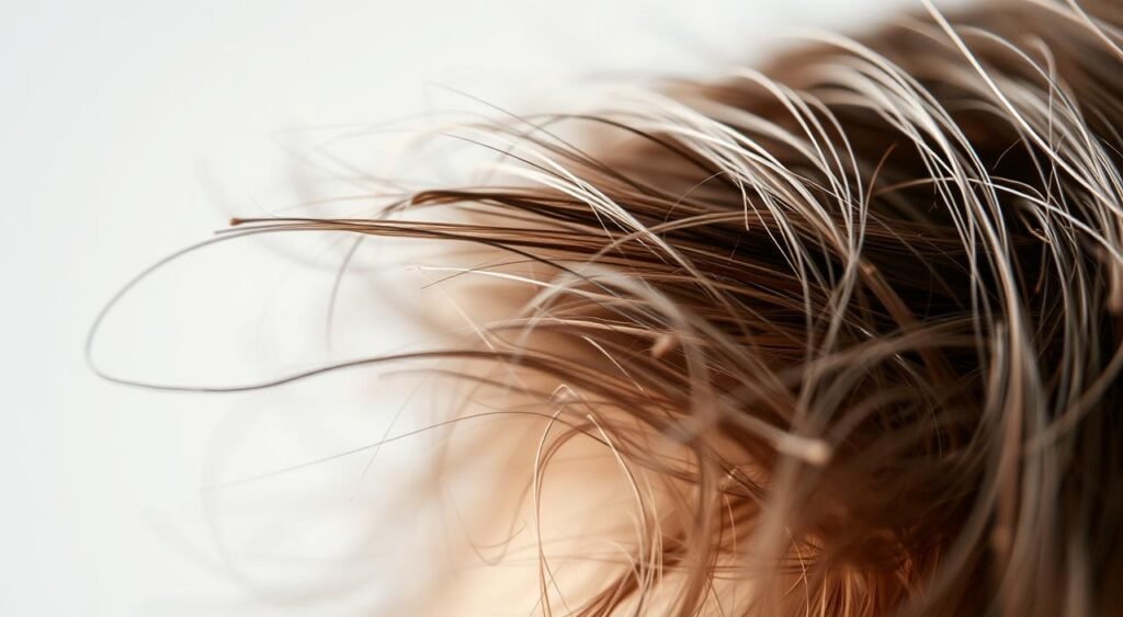 A close-up shot of hair strands under a high-powered microscope, revealing the deleterious effects of sleep deprivation. The hair appears dull, brittle, and damaged, with visible signs of breakage, split ends, and diminished luster. The lighting is crisp and clinical, accentuating the intricate textural details. The depth of field is shallow, keeping the hair in sharp focus while blurring the background to a subtle, neutral hue. The overall mood is one of scientific scrutiny, highlighting the tangible consequences of poor sleep on the health and vitality of the human scalp and hair.