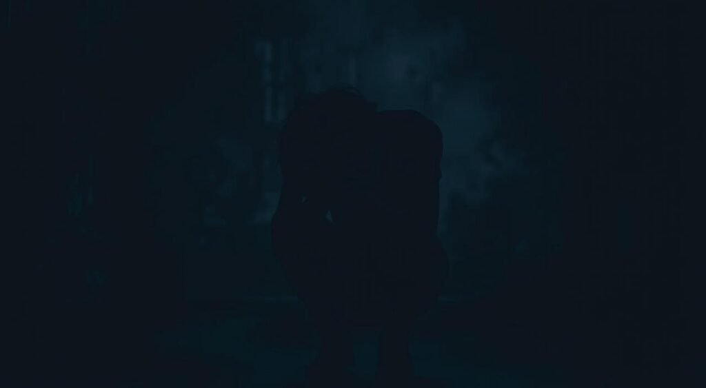 A dejected individual hunched over, their head in their hands, surrounded by a dark, gloomy atmosphere. Dim lighting casts long shadows, conveying a sense of hopelessness and low self-worth. The figure is isolated, occupying the middle ground, with a blurred, hazy background suggestive of a nondescript, enclosed space. Muted colors, such as shades of gray and blue, predominate, further emphasizing the somber mood. The overall composition and visual language evoke the common causes of low self-esteem, such as feelings of inadequacy, isolation, and a lack of confidence.