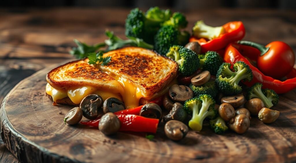 A delectable dinner of sizzling grilled cheese and an array of fresh, vibrant vegetables arranged on a rustic wooden table. The cheese oozes with melted goodness, complemented by the crisp textures and earthy flavors of sautéed mushrooms, roasted red peppers, and steamed broccoli florets. Soft lighting casts a warm glow, creating an inviting and appetizing scene. The composition is balanced, with the cheese and vegetables forming a harmonious still-life. An artful, mouthwatering depiction of a satisfying, healthy supper.