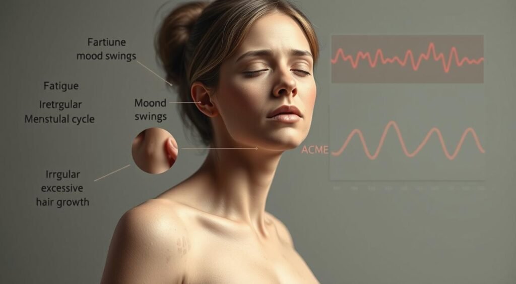 A detailed illustration of the physical symptoms of hormonal imbalance in the female body. In the foreground, a female figure experiences fatigue, mood swings, and irregular menstrual cycles. The middle ground showcases skin issues like acne and excessive hair growth. In the background, a visualization of hormone levels fluctuating erratically. Soft, muted lighting creates an introspective, medicinal atmosphere. Rendered in a realistic, anatomical style to convey the internal biological processes. Devoid of distracting elements, the image focuses solely on the visible markers of hormonal disruption.