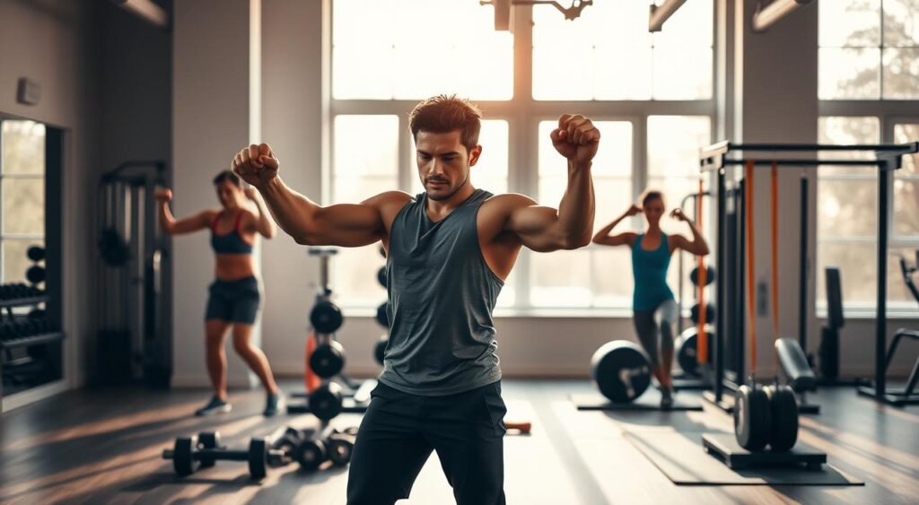 A dynamic scene of a person deeply engaged in a vigorous workout, with a backdrop of a well-equipped, modern fitness studio. Soft, natural lighting filters through large windows, casting a warm glow on the figure as they perform a series of high-intensity exercises, their muscles toned and their expression determined. The middle ground features various fitness equipment, including free weights, resistance bands, and a yoga mat, all neatly arranged and integrated into the scene. The background showcases the studio's sleek, minimalist design, with clean lines and neutral tones that create a sense of focus and discipline. The overall atmosphere conveys a balance of physical exertion and mental clarity, embodying the essence of maintaining focus and discipline through physical activity.