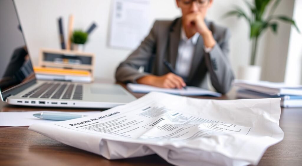 A neatly organized desk with a laptop, pen, and paper, representing a professional work environment. In the foreground, a crumpled resume with common mistakes highlighted, such as typos, unclear formatting, and irrelevant information. The middle ground features a person in a thoughtful pose, carefully reviewing the resume and considering how to improve it. The background is softly blurred, conveying a sense of focus and attention to detail. The overall scene evokes a mood of contemplation and the importance of creating a polished, error-free curriculum vitae.
