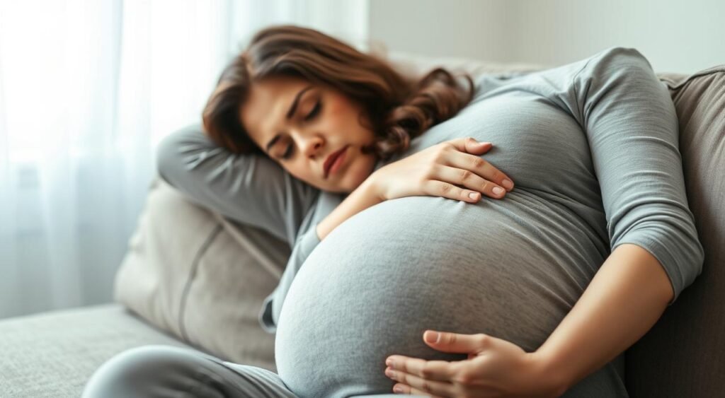 A pregnant woman resting on a couch, experiencing heartburn. The scene is captured with a soft, natural lighting, using a medium focal length lens to create a sense of intimacy. The woman's expression conveys discomfort, her hand gently resting on her swollen belly. The background is blurred, creating a focused, emotive composition that emphasizes the woman's experience. The mood is pensive, with a touch of vulnerability, reflecting the challenges of navigating pregnancy symptoms. The image aims to sensitively depict the reality of heartburn during gestation, without distracting elements.