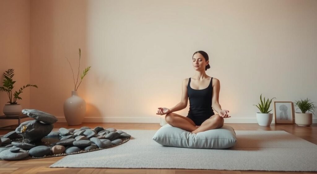 A serene meditation room with soft, warm lighting and a minimalist design. In the foreground, a person sits cross-legged on a plush meditation cushion, eyes closed in deep concentration. Surrounding them, an array of soothing elements: a zen garden with smooth river rocks, a small water fountain emitting a calming trickle, and a few potted plants that add a touch of natural greenery. The background features a plain, neutral-colored wall, allowing the focus to remain on the meditative practice. The overall atmosphere evokes a sense of inner peace, tranquility, and mindfulness, perfectly capturing the essence of "guided meditation for anxiety control".