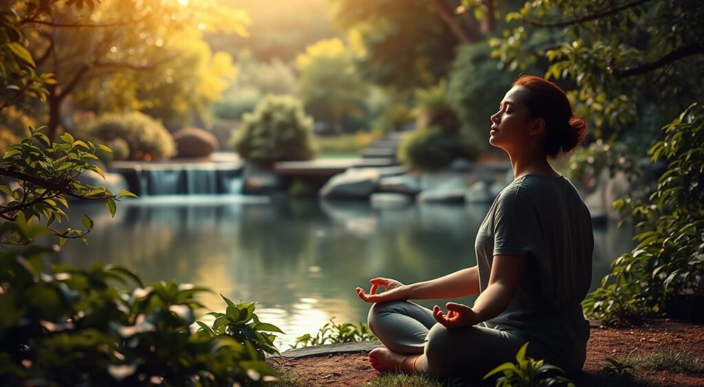 A serene meditation scene set in a peaceful garden. In the foreground, a person sits cross-legged, their eyes closed in deep contemplation, their face radiating a sense of tranquility. Lush, verdant foliage surrounds them, creating a natural and calming environment. The middle ground features a tranquil pond, its still surface reflecting the surrounding trees and sky. In the background, a gentle waterfall cascades over smooth rocks, its soothing sound adding to the meditative atmosphere. The lighting is soft and diffused, creating a warm, golden glow that envelops the scene. The overall mood is one of deep focus, inner peace, and a connection with the natural world.