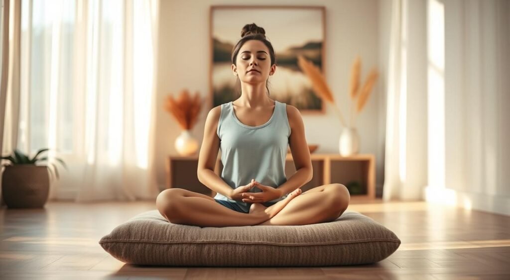 A serene meditation space with a person sitting cross-legged on a plush meditation cushion, eyes closed, hands resting gently on their lap. The room is bathed in soft, warm lighting, creating a calming atmosphere. In the background, subtle nature-inspired elements such as potted plants or a landscape painting evoke a sense of tranquility. The overall composition conveys a feeling of inner peace and mindfulness, inviting the viewer to imagine themselves immersed in a guided meditation session.