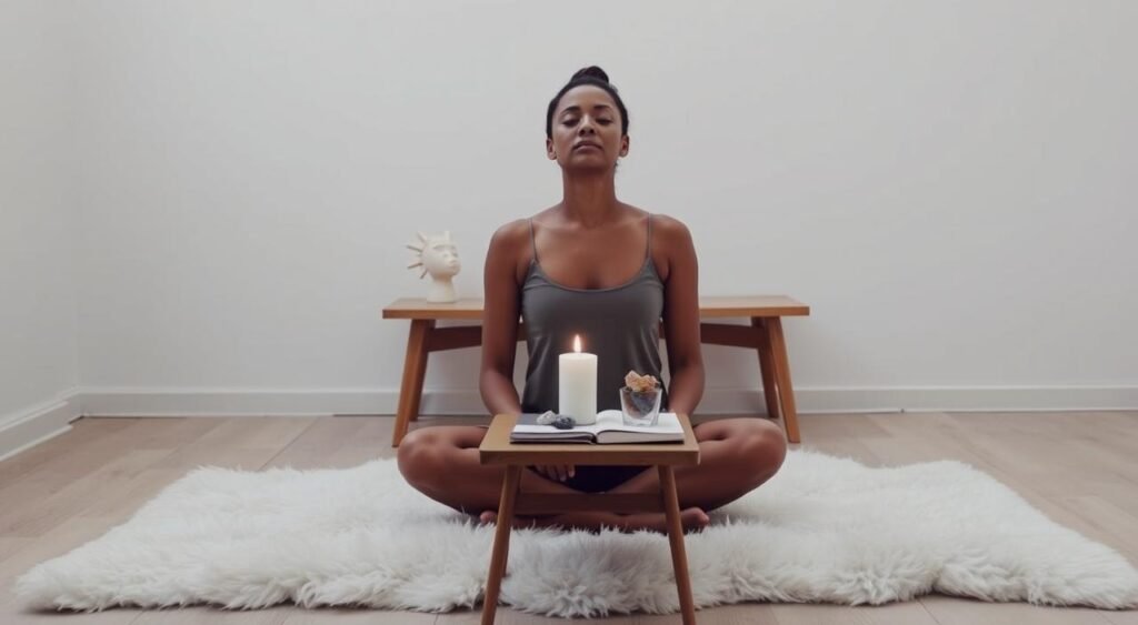 A serene, minimalist scene depicting the "Detox de Reclamações" ritual. In the foreground, a person sits cross-legged on a plush, white rug, their eyes closed in deep contemplation. Soft, diffused lighting illuminates their face, creating a sense of calm and introspection. In the middle ground, a simple wooden table holds a candle, crystals, and a journal, symbolizing the tools for this emotional cleansing practice. The background features a plain, white wall, allowing the focus to remain on the central figure and the meditative atmosphere. The overall tone is one of tranquility, with a touch of earthy, natural elements to ground the scene.