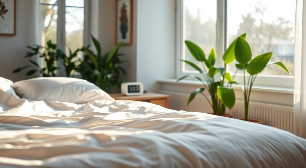 A serene morning scene with soft, warm sunlight gently streaming through large windows, illuminating a cozy bedroom. In the foreground, a neatly made bed with crisp, white linens invites the viewer to bask in the peaceful atmosphere. The middle ground features a wooden nightstand with a simple digital clock, conveying the sense of a calming start to the day. In the background, lush, green plants add a touch of natural vitality, while the walls are adorned with minimalist, nature-inspired artwork. The overall mood is one of tranquility and rejuvenation, perfectly capturing the essence of morning light exposure for improved sleep.