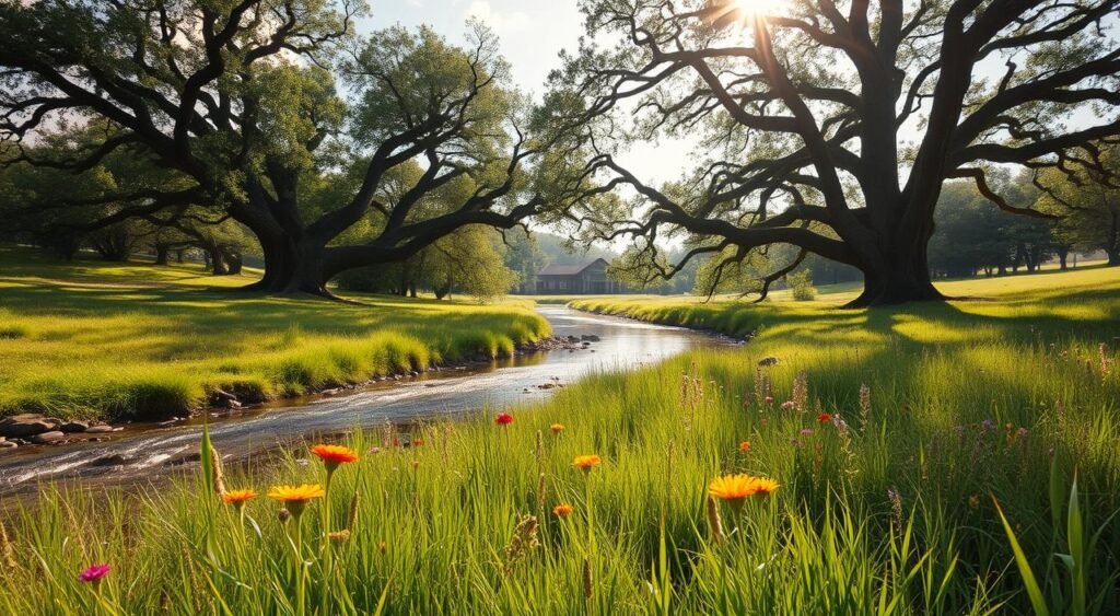 A serene, sun-dappled meadow with lush, verdant grasses and vibrant wildflowers in the foreground. In the middle ground, a tranquil stream flows gently, its waters reflecting the soft, cloud-dappled sky above. Towering, ancient oak trees line the banks, their branches casting dappled shadows across the scene. The overall mood is one of hope, peace, and healing, evoked through the natural beauty and warmth of the setting. The lighting is soft and diffused, creating a sense of calm and comfort. Capture this scene using a wide-angle lens to convey a sense of expansiveness and possibility.