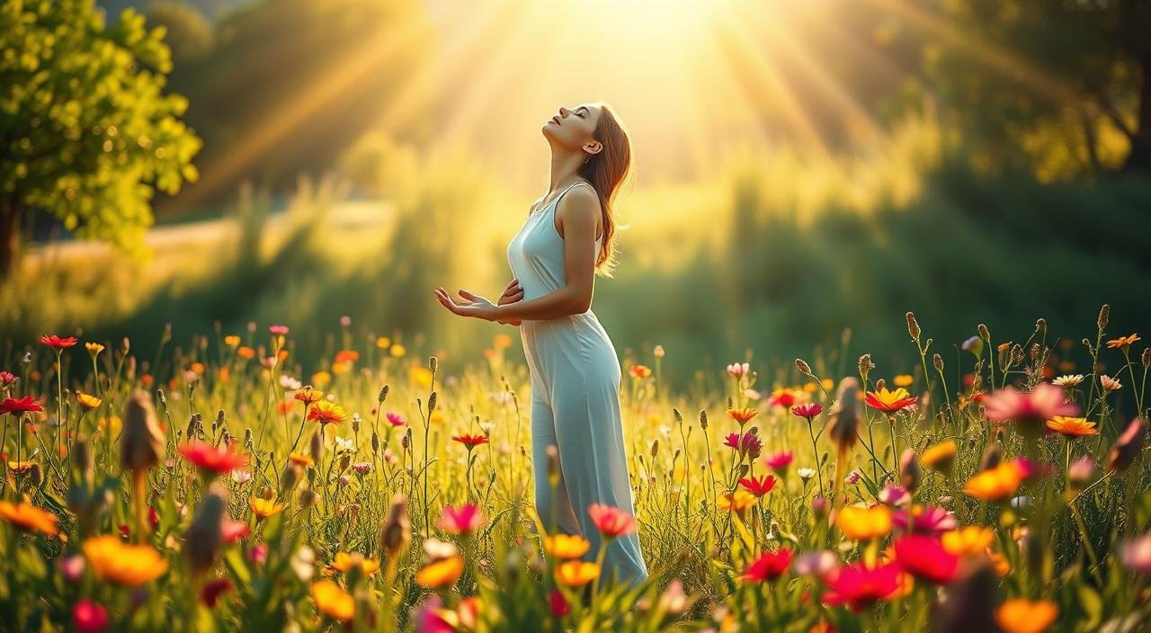 A serene, sun-drenched meadow, lush with vibrant wildflowers in bloom. In the center, a graceful figure stands in a pose of contemplation, their gaze lifted skyward, eyes filled with a sense of wonder and inner peace. Delicate rays of light filter through the scene, casting a warm, inspirational glow that highlights the subject's expression of calm and clarity. The background recedes into a soft, impressionistic landscape, allowing the central figure to be the focal point, radiating a sense of inspiration and personal growth. The overall mood is one of tranquility, introspection, and the transformative power of finding one's own path.