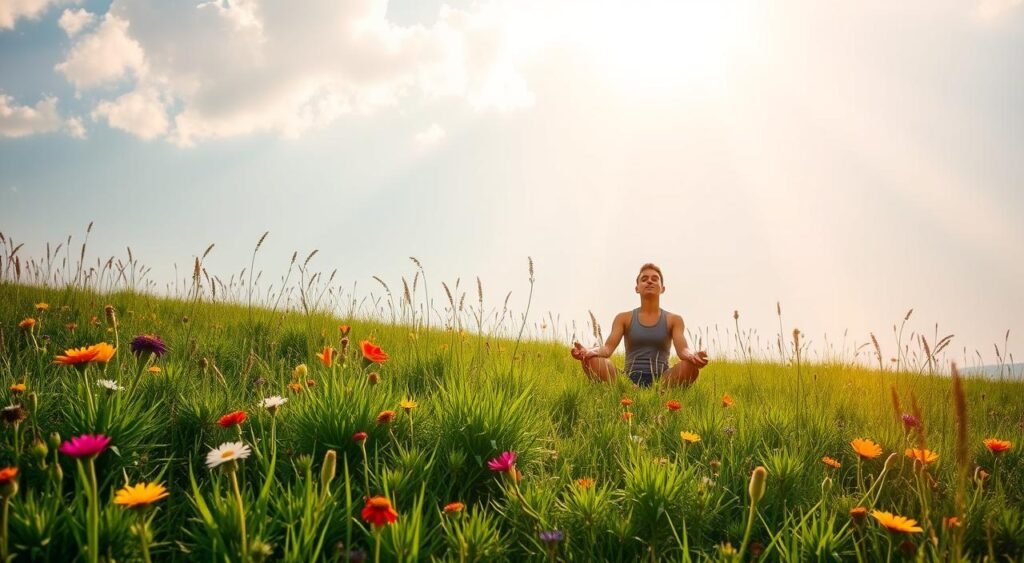 A serene, sun-drenched meadow with lush, verdant grass and vibrant wildflowers in bloom. In the center, a person sits cross-legged, eyes closed, radiating a sense of profound inner peace and focus. Beams of warm, golden light filter through wispy clouds, casting a gentle glow over the scene. The background fades into a tranquil, azure sky, conveying a sense of expansiveness and connection to the universal energy of manifestation. The overall atmosphere is one of deep contemplation, harmony, and the realization of one's deepest desires.