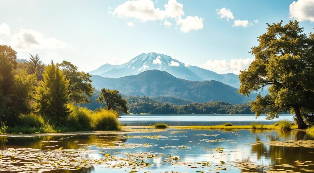 A serene, sun-drenched scene of a lush, verdant landscape. In the foreground, a tranquil pond reflects the vibrant foliage and swaying trees, creating a sense of harmony and balance. In the middle ground, a majestic mountain range rises, its peaks capped with snow and bathed in a warm, golden light. In the background, a clear, azure sky stretches out, dotted with fluffy white clouds. The overall mood is one of peace, abundance, and the natural manifestation of the "Lei da Atração" - the Law of Attraction. The image is crisp, detailed, and expertly composed, capturing the essence of this powerful concept.