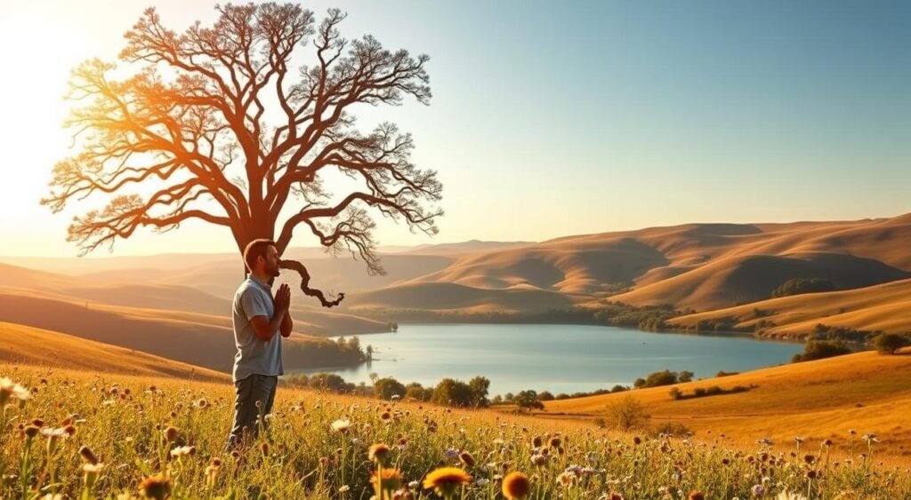 A serene, sunlit landscape with rolling hills and a tranquil lake. In the foreground, a lone figure, hands clasped in prayer, stands amidst a field of wildflowers, their expression one of profound trust and surrender. The middle ground features a majestic oak tree, its branches reaching skyward, symbolic of the strength and steadfastness of faith. In the distance, a warm, golden light bathes the scene, creating an atmosphere of hope and divine presence. The image conveys a sense of peace, resilience, and the unwavering confidence in God's guiding hand, perfectly suited to illustrate the section on "Frases de confiança em Deus para momentos difíceis".